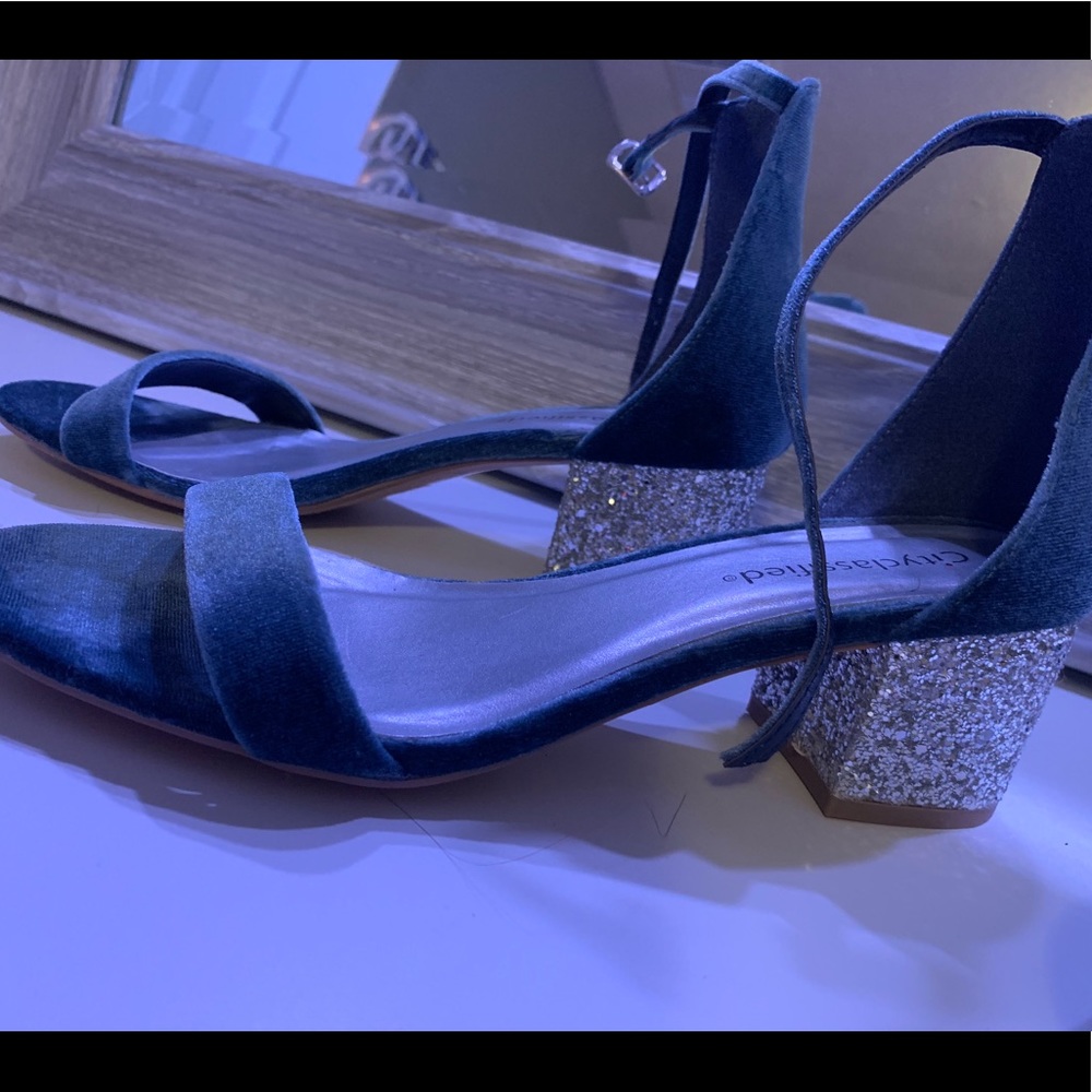 Cityclassified Black Suede Ankle Strap Heels with Silver Glitter Block Heel